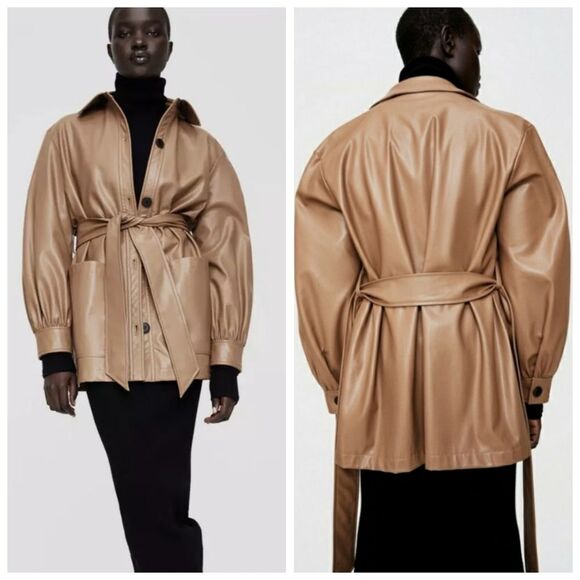 Zara Faux Leather Camel Short Trench Coat Medium Woman - Picture 1 of 15